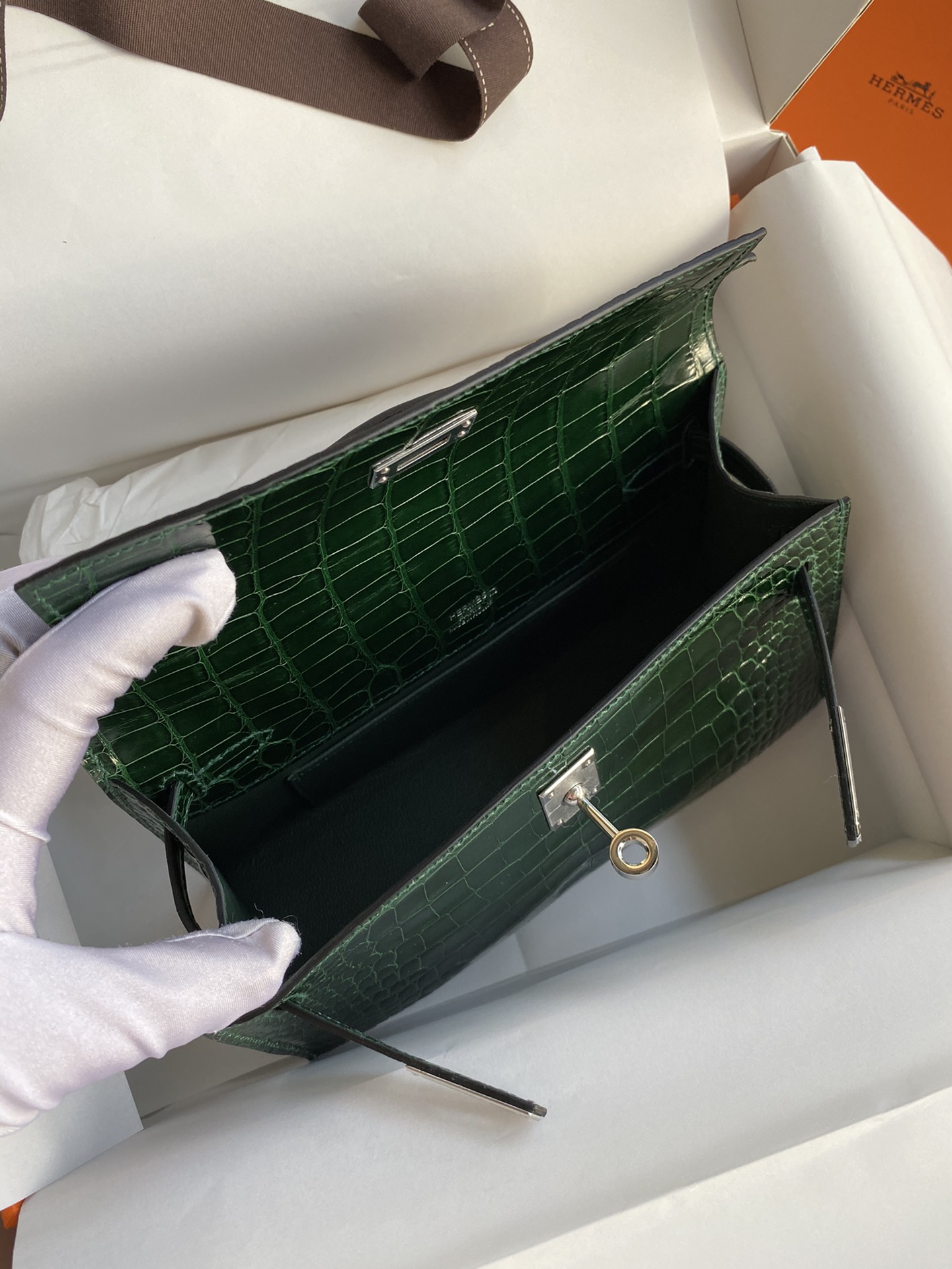 Hermes Mini Kelly Pochette 22cm Bag In Dark Green Shiny Alligator Leather